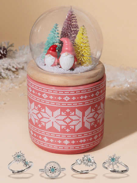 Holiday Gnome Snow Globe Jewelry Candle (Waterless) - Adjustable Snowflake Ring Collection