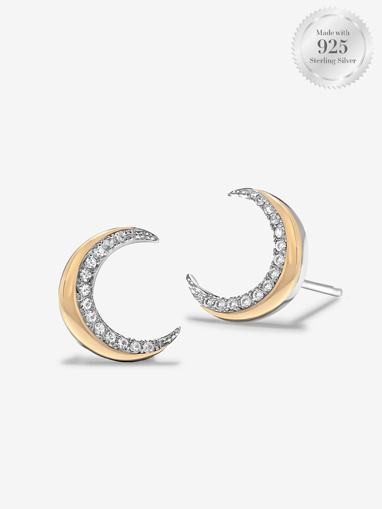 Crescent Moon Two Tone Stud Earrings