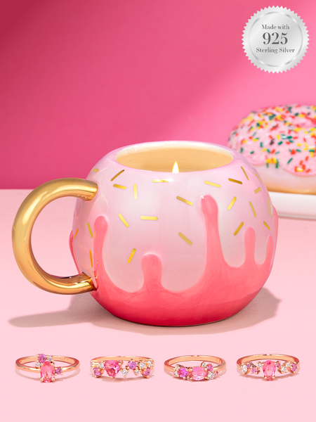 Strawberry Donut Mug Candle - 925 Sterling SIlver Pink & Rose Gold Ring Collection