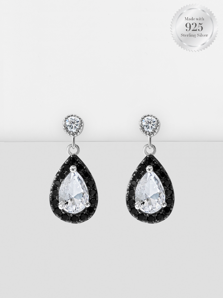 Sparkling Pear Black & White Halo Drop Earrings